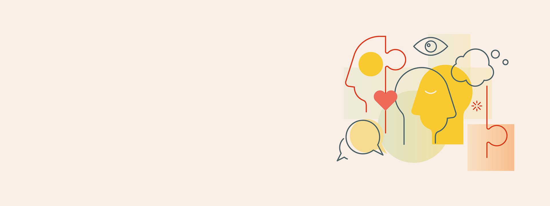Abstract illustrated images of heads and thoughts
