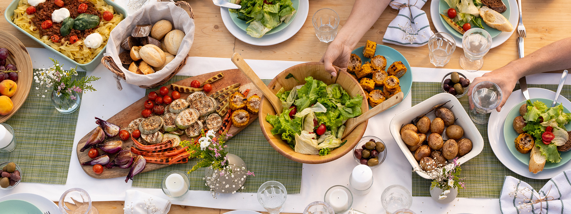 An overhead view of a table filled with healthy food