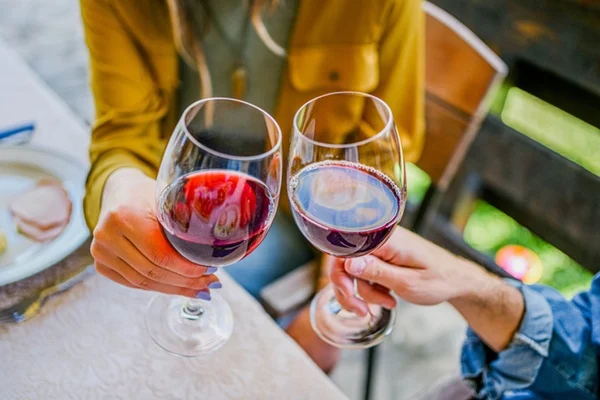 Hand of a man and a woman toasting with wine glasses while having lunch in the backyard