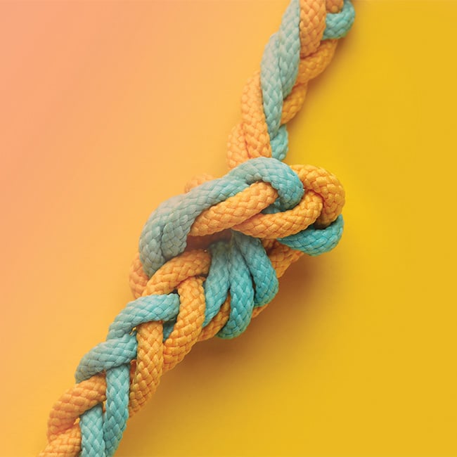 Multi-colored braided rope tied into a knot