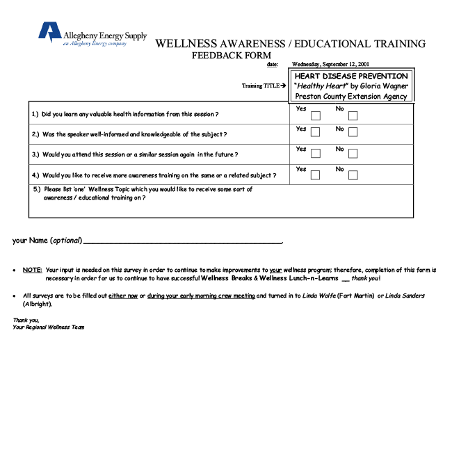 Allegheny Energy Supply Employee Survey Sample