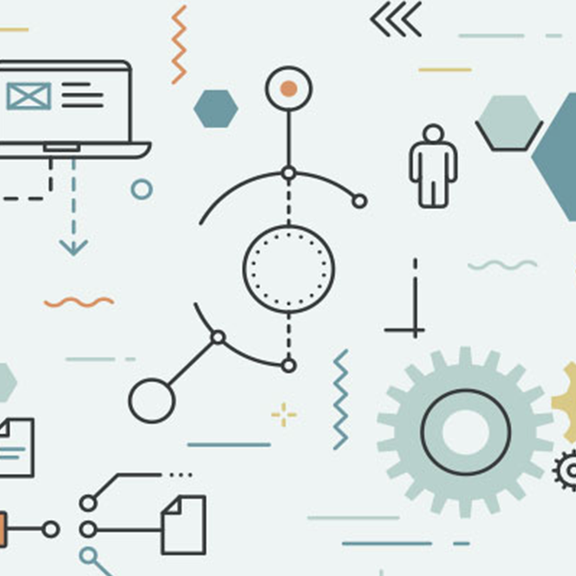 Various icons representing gears, directionals, documents, a laptop, and a user