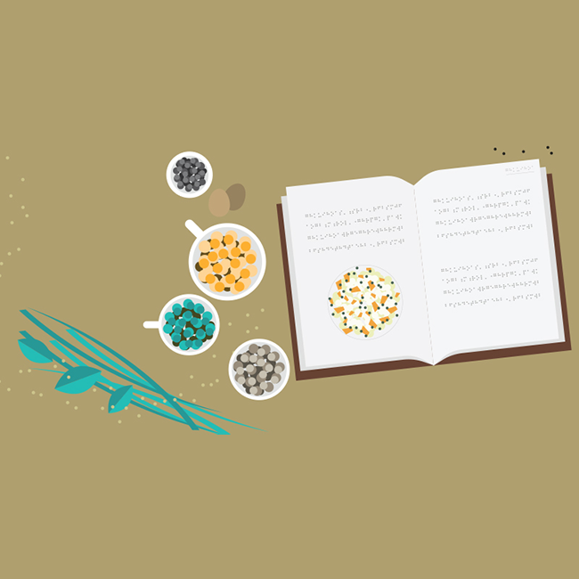 Illustration of bowls of food next to a book