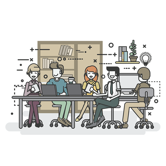 Illustration of workers at a table with laptops, smiling