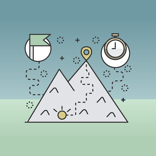 Illustration of a path to get to the peak of a mountain, including clock and flag icons