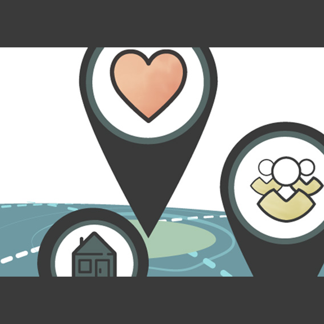 Illustration of location pins with an icon in each, representing a heart, a house, and people