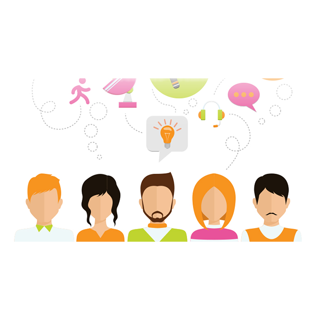 Illustration of five people, several with idea/chat bubbles