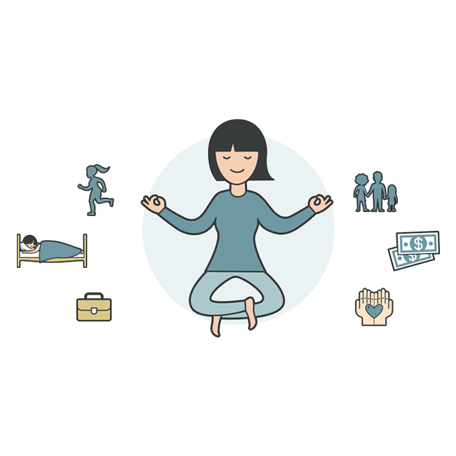 Illustrated woman surrounded by various icons depicting aspects of life