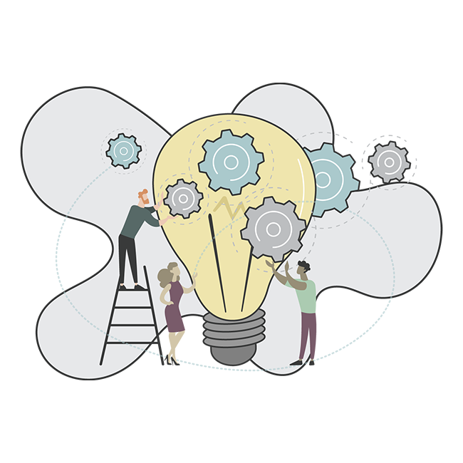 Illustration of people adjusting the gears inside a giant lightbulb