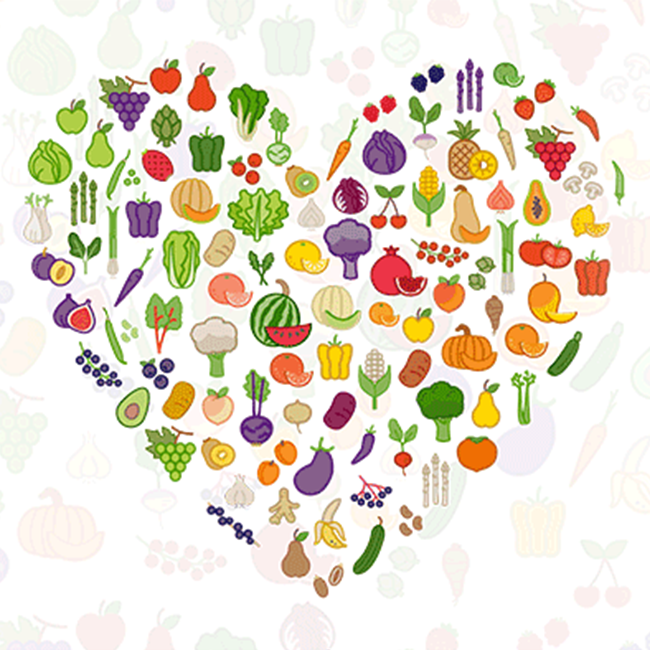 Illustration of a heart shape comprised of fruit and vegetables
