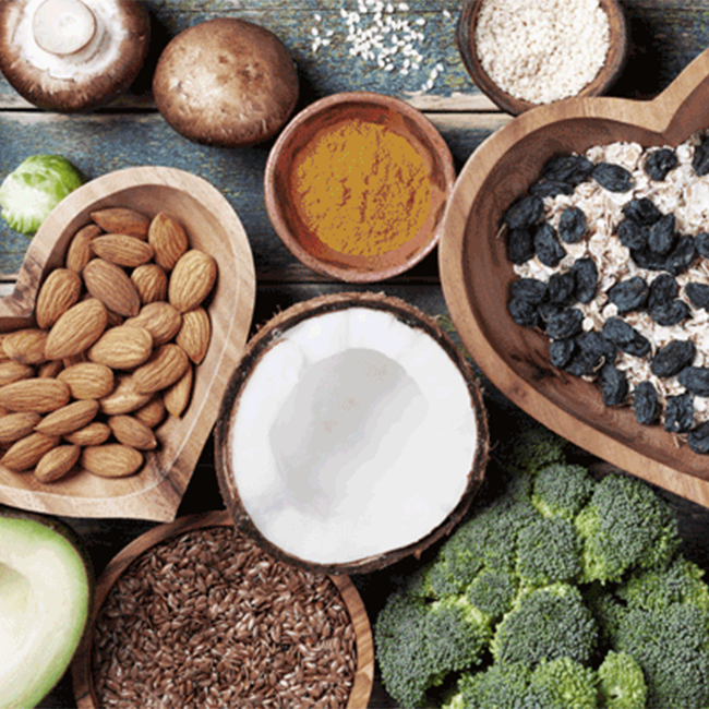 An overhead view of lots of healthy food