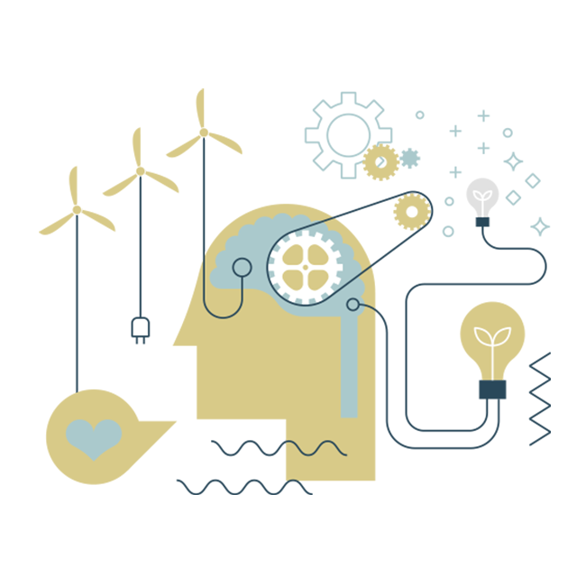 Illustration of a head powered by lightbulbs and windmills