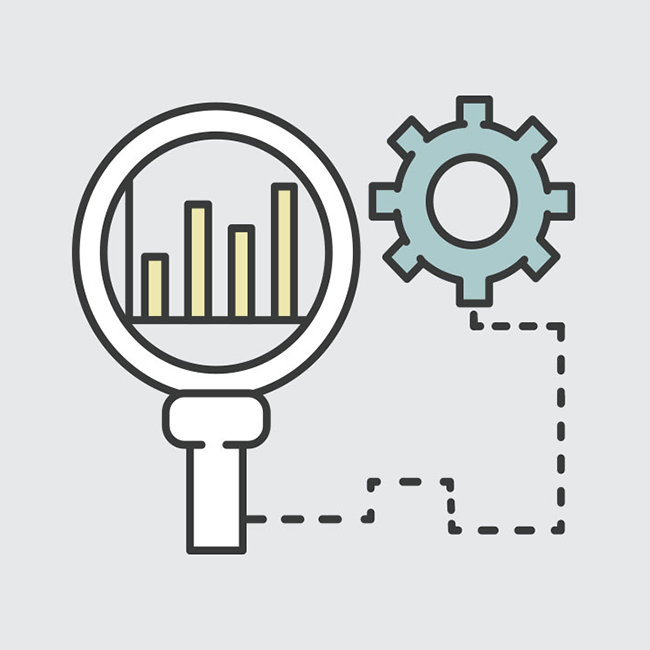 Illustration of a magnifying glass over a graph, connected to a gear