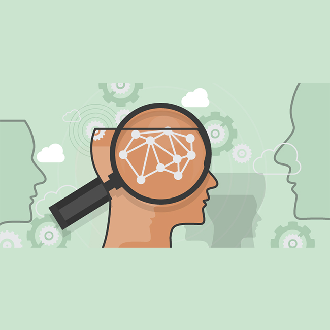 Illustration of a magnifying glass over a head showing a complex diagram