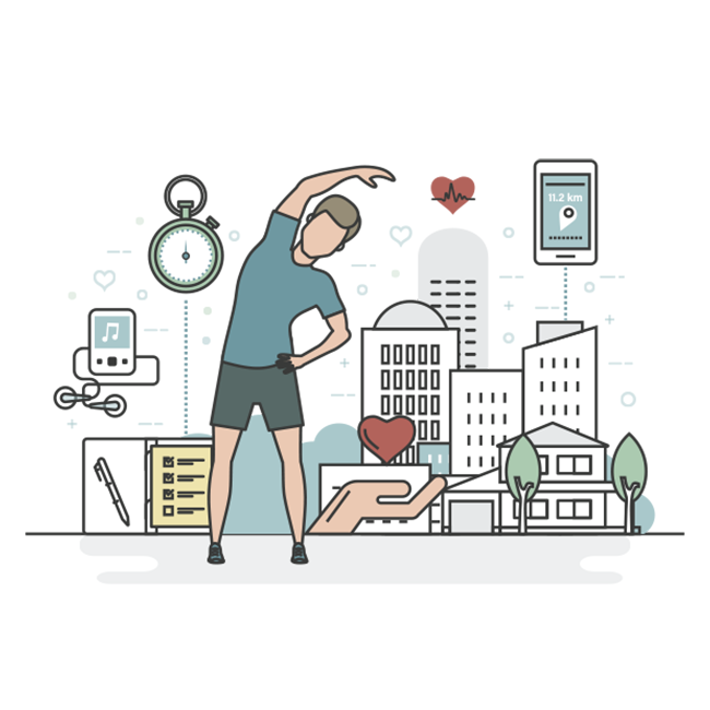 Illustration of someone exercising in front of wellness/exercise icons and buildings