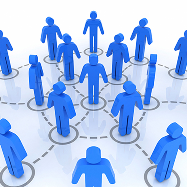 Illustration of a person surrounded by and connected to a bunch of other people