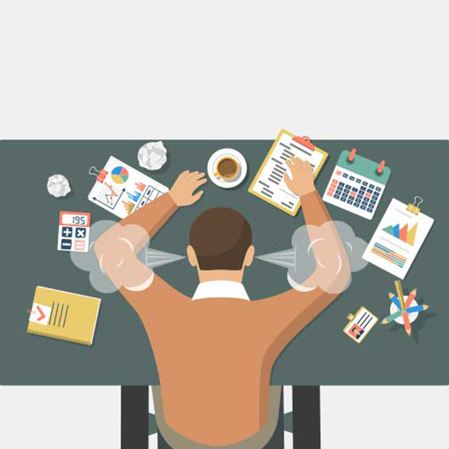 Illustration of someone stressed out over a cluttered table