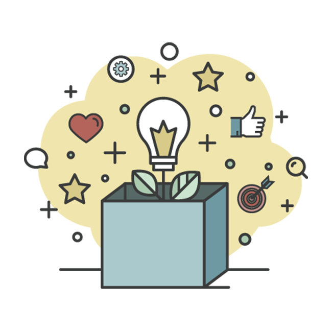 Illustration of a lightbulb coming out of a box, and various icons surrounding it