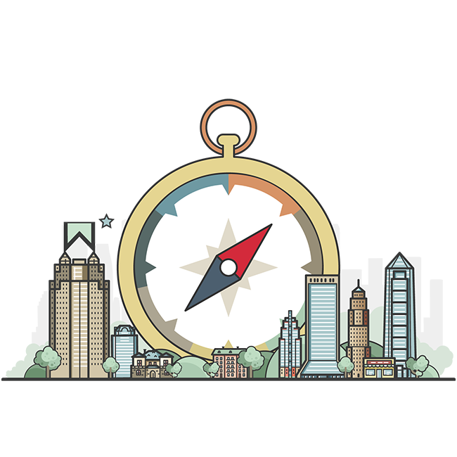 Illustration of a large compass behind a cityscape