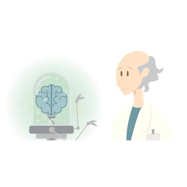 Illustration of a scientist looking at a brain in a jar